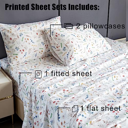 Queen Sheet Set Ultra Soft Breathable Silky Flower Bed Sheets Deep Pocket