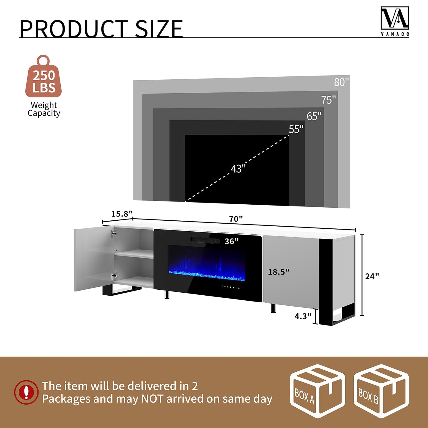 70" Fireplace TV Stand with 36" Electric Fireplace, High Gloss with LED Lights