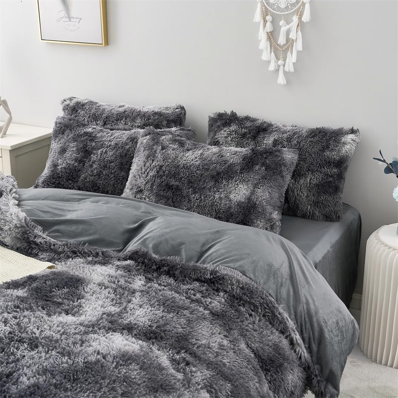 Faux Fur Tie-dyed Green Gray Black Colorful Comforter Sets Queen - 3PC Bed Set