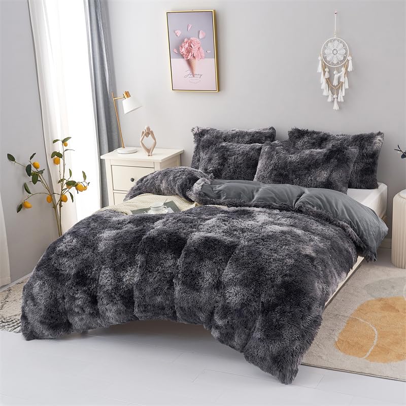 Faux Fur Tie-dyed Green Gray Black Colorful Comforter Sets Queen - 3PC Bed Set