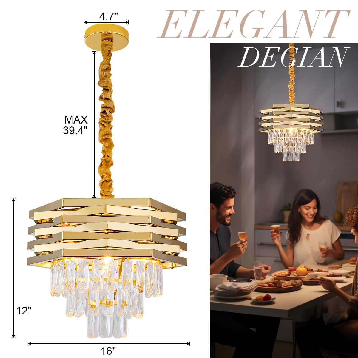 24" Crystal Chandelier Modern Gold 9-Light 5-Tier Luxury