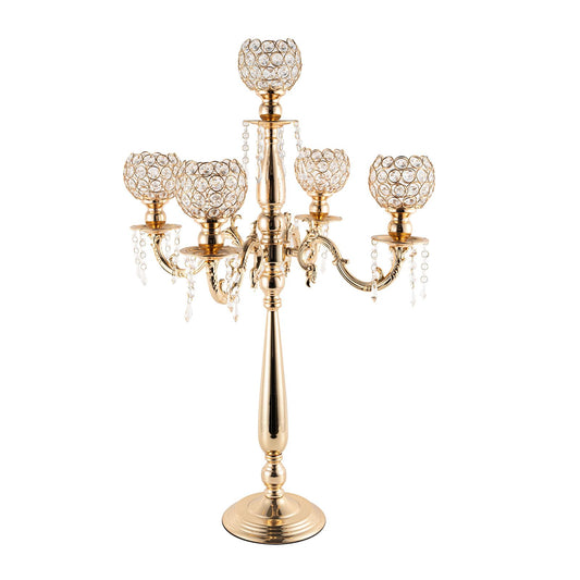 5 Arm Gold Candelabra Centerpieces with Crystal, 29.5inches