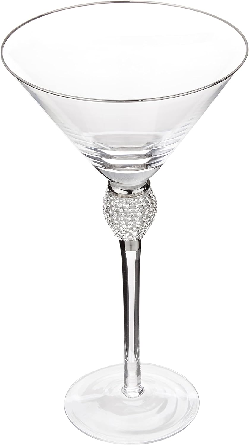 Rhinestone Studded Bling Martini Glasses Set of 2 with Silver Rim, 10 oz.