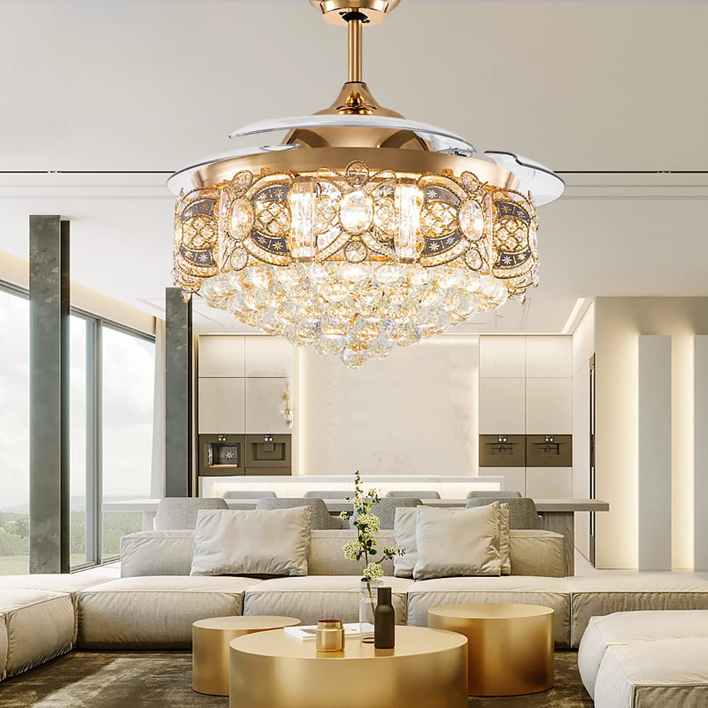 42" Crystal Chandelier Ceiling Fan and Remote, Gold Luxury Fan