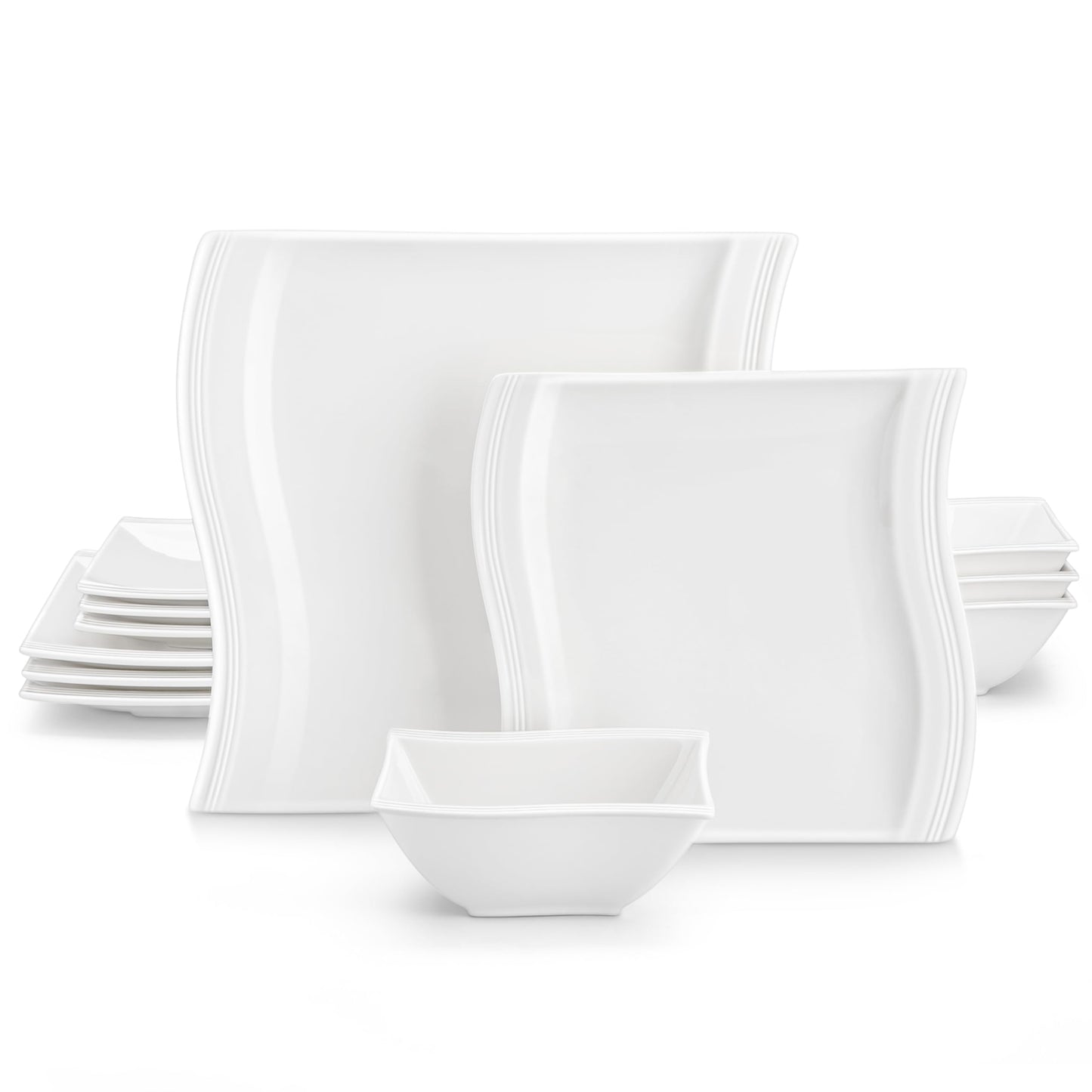 Dinnerware Sets, 12-Piece Porcelain Plates and Bowls Sets, Square Marble