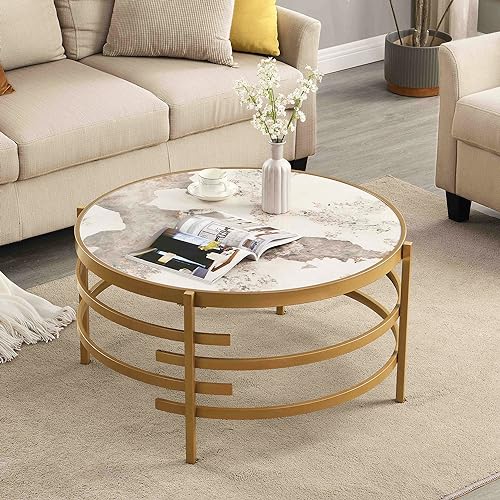 Coffee Table, Marble Stone Silver Living Room Table Modern Round