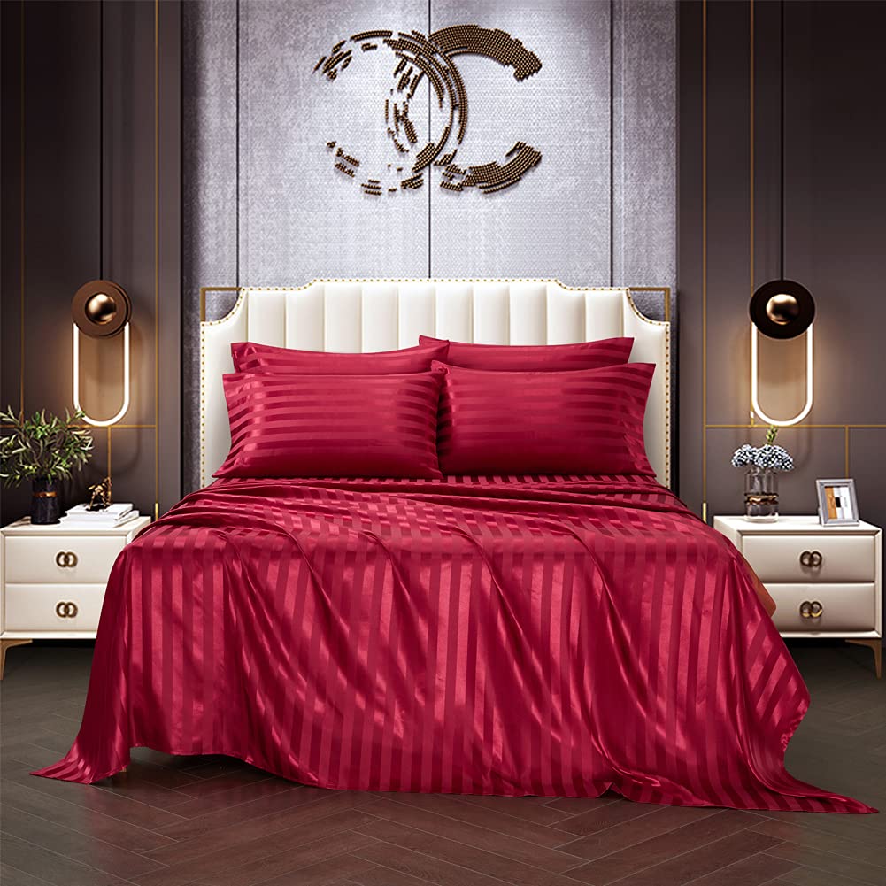 6 Piece Satin Italian Style Bed Sheet Set Deep Pocket Stripes 1800 Luxury Rich Silk