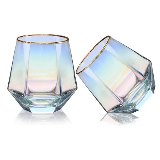 Diamond Wine Glass Set of 2, 10 OZ Modern Stemless Gold Rim