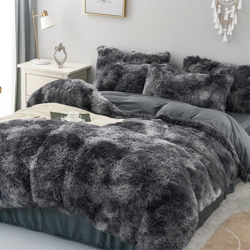 Faux Fur Tie-dyed Green Gray Black Colorful Comforter Sets Queen - 3PC Bed Set