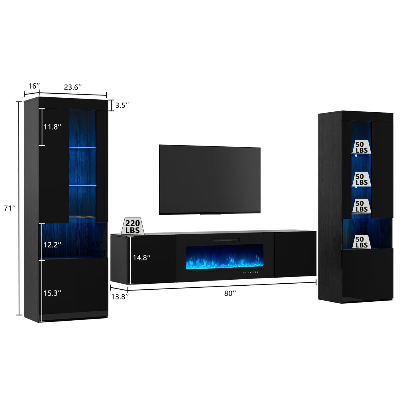 High Gloss Living Room Entertainment Center Including Floating Fireplace