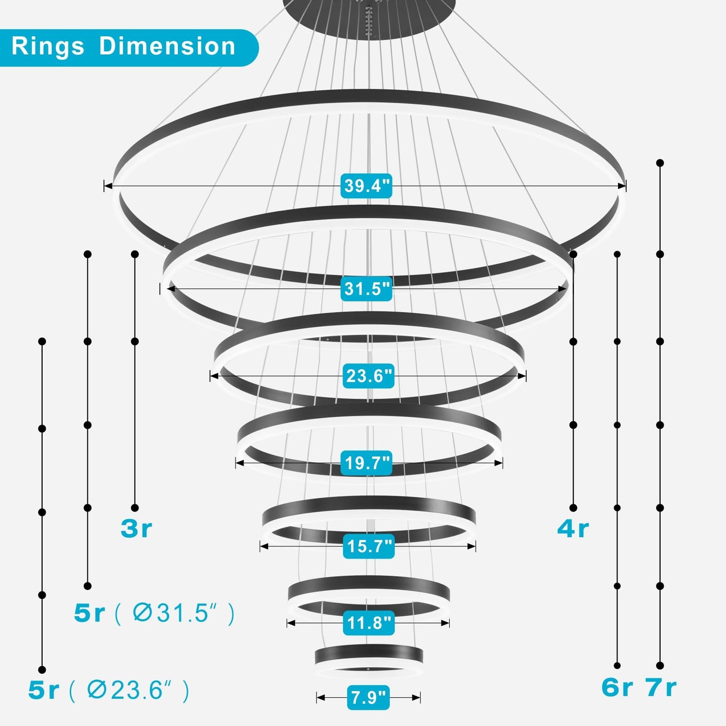 39.37" Larger Chandelier for High Ceilings, 7 Ring Dimmable with Remote