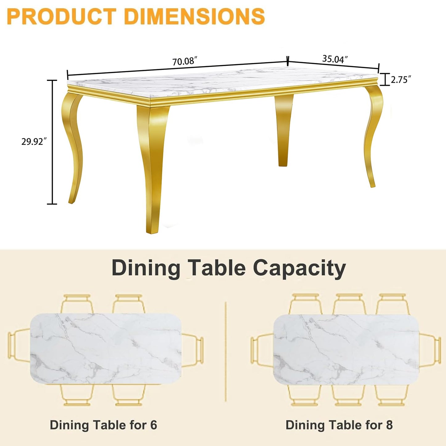 70 Inch White Marble Kitchen Table with Gold Mirrored Cabriole Legs