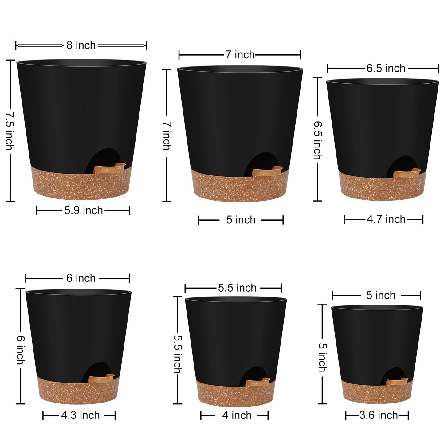 Indoor Self Watering Planters with Drainage Holes and Saucers, Black, 6 Pots