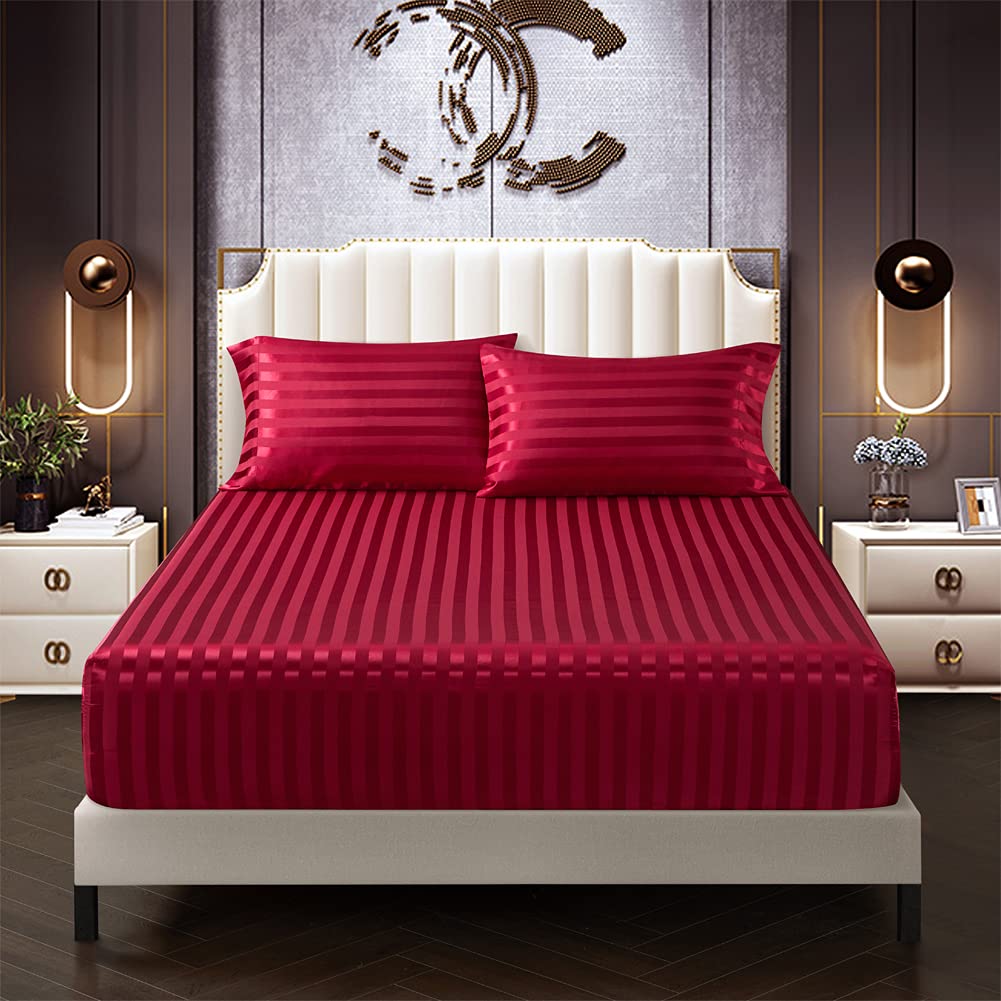 6 Piece Satin Italian Style Bed Sheet Set Deep Pocket Stripes 1800 Luxury Rich Silk