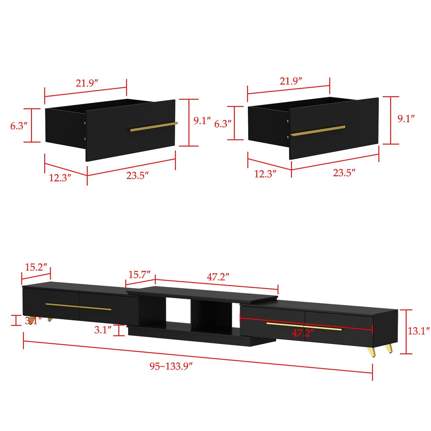 TV Stand with 4 Drawers, Extendable Gaming Entertainment Center