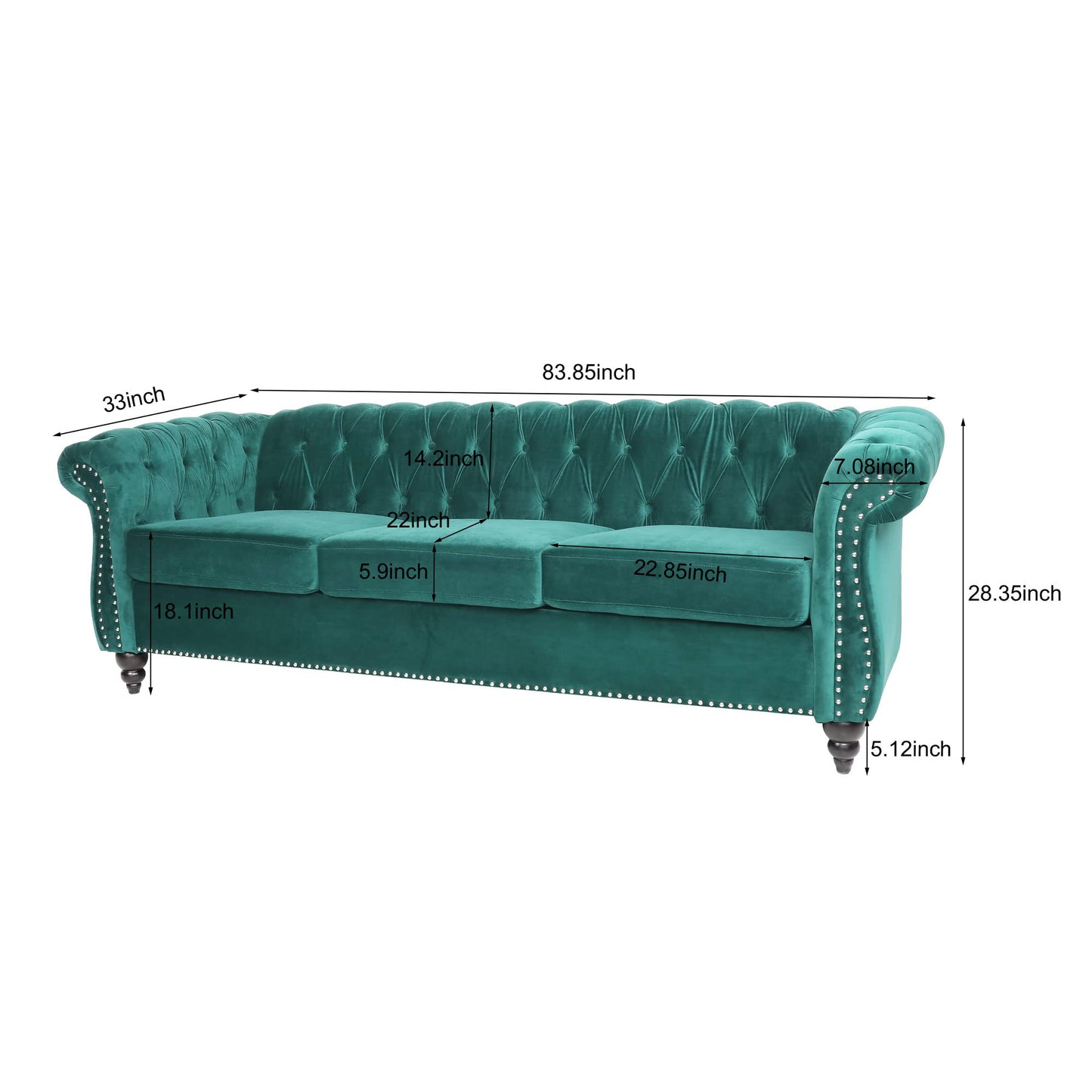 Velvet Chesterfield Sofa, 84 inch Modern Tufted 3 Seater Couch