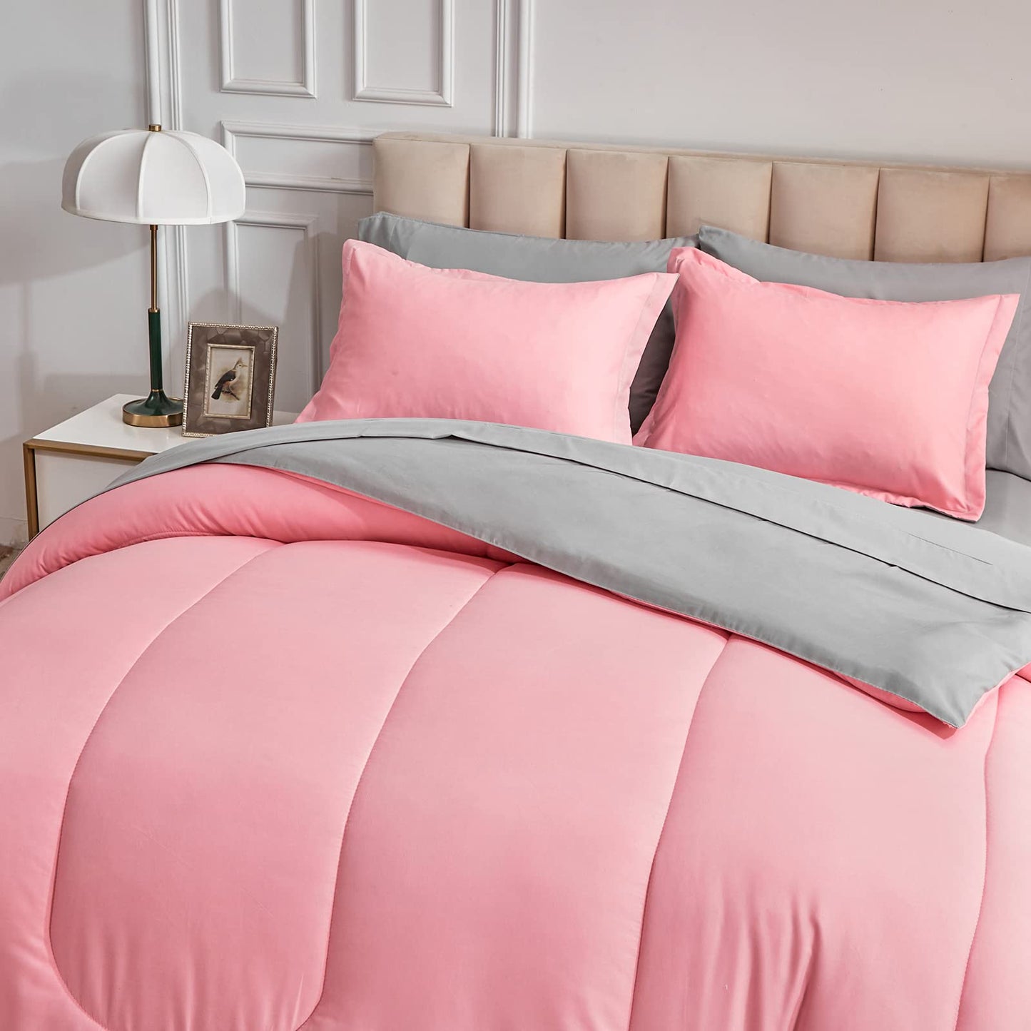 Twin Pink Comforter Set Bed in a Bag with Gray Sheet Set Reversible Soft