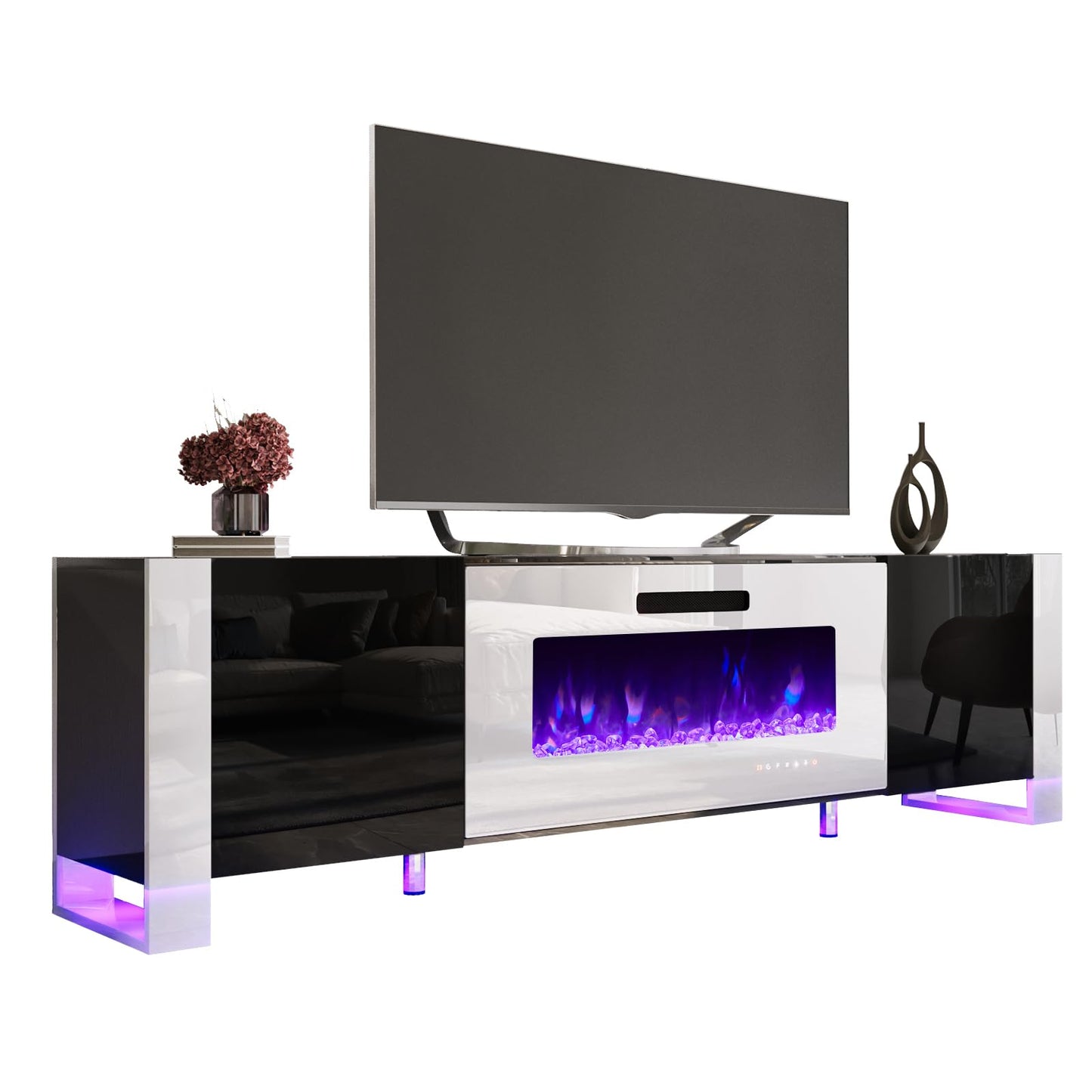 Fireplace TV Stand with 36" Fireplace, 70" Modern High Gloss Entertainment Center