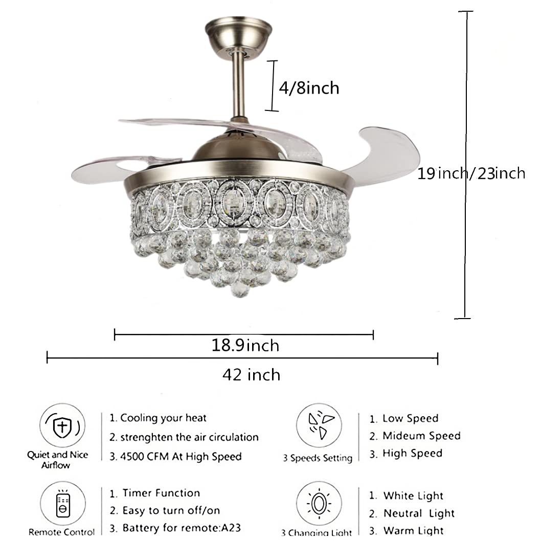 42" Crystal Ceiling Fan with LED Light and Remote Control