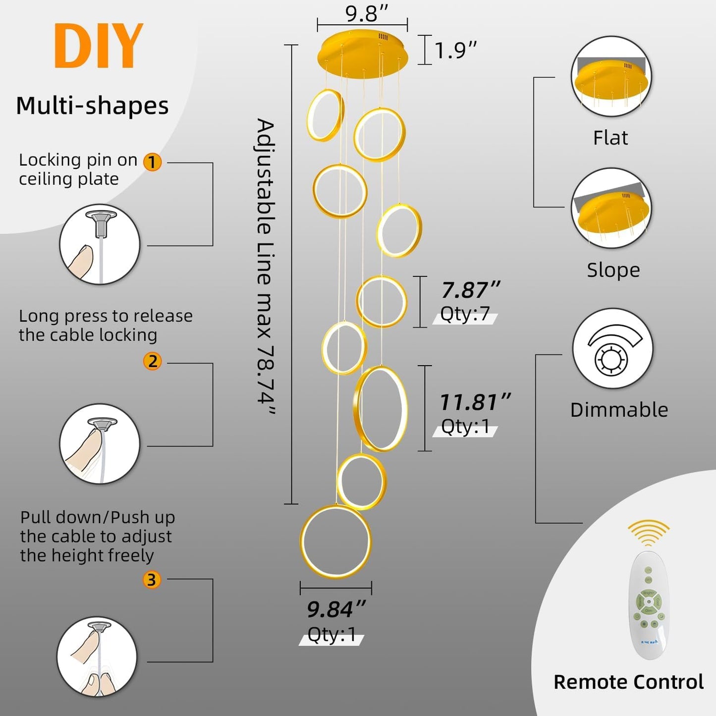 Gold Staircase Hanging 12 Ring Long Led Chandelier Dimmable with Remote Controller