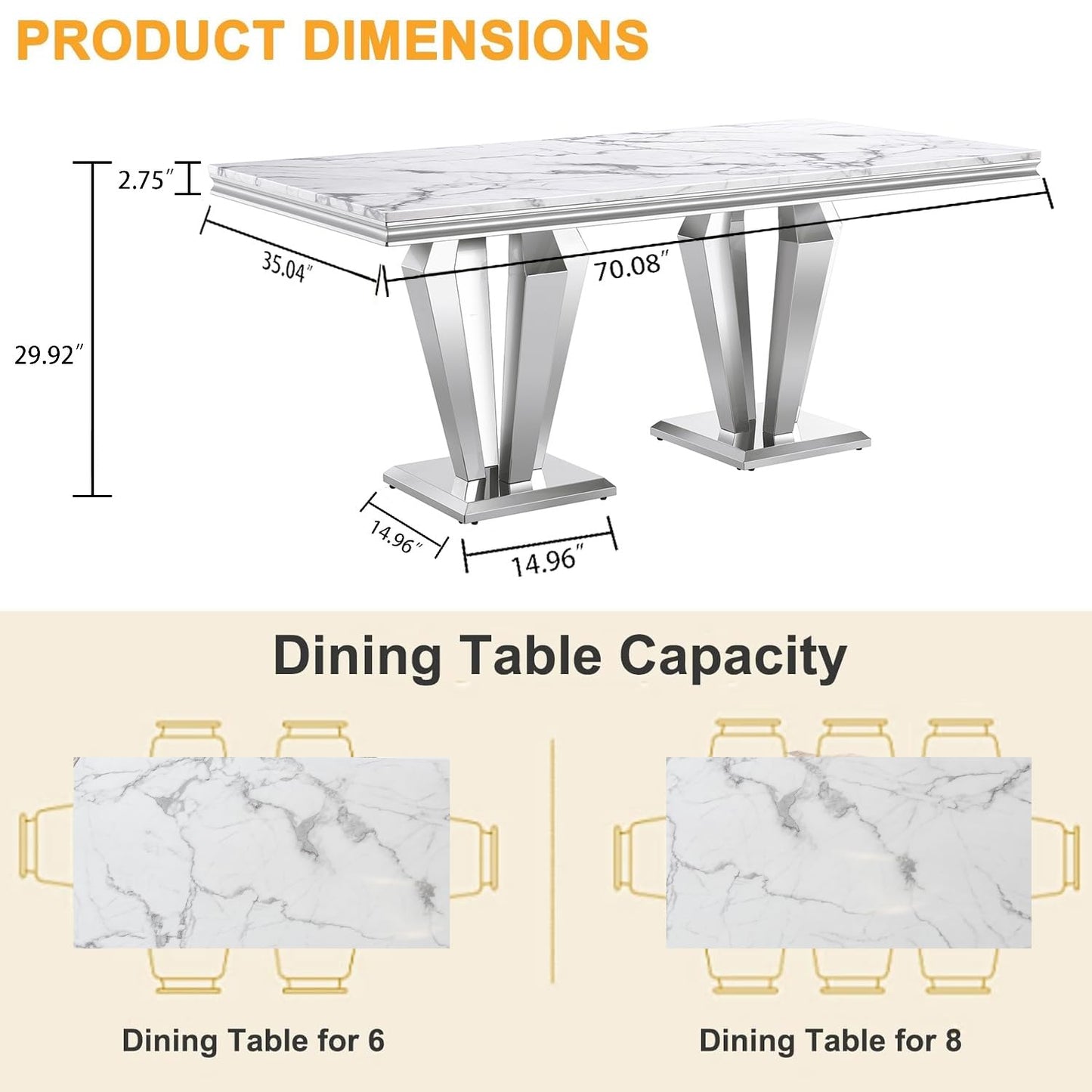 70 Inch White Marble Kitchen Table with Gold Mirrored Cabriole Legs