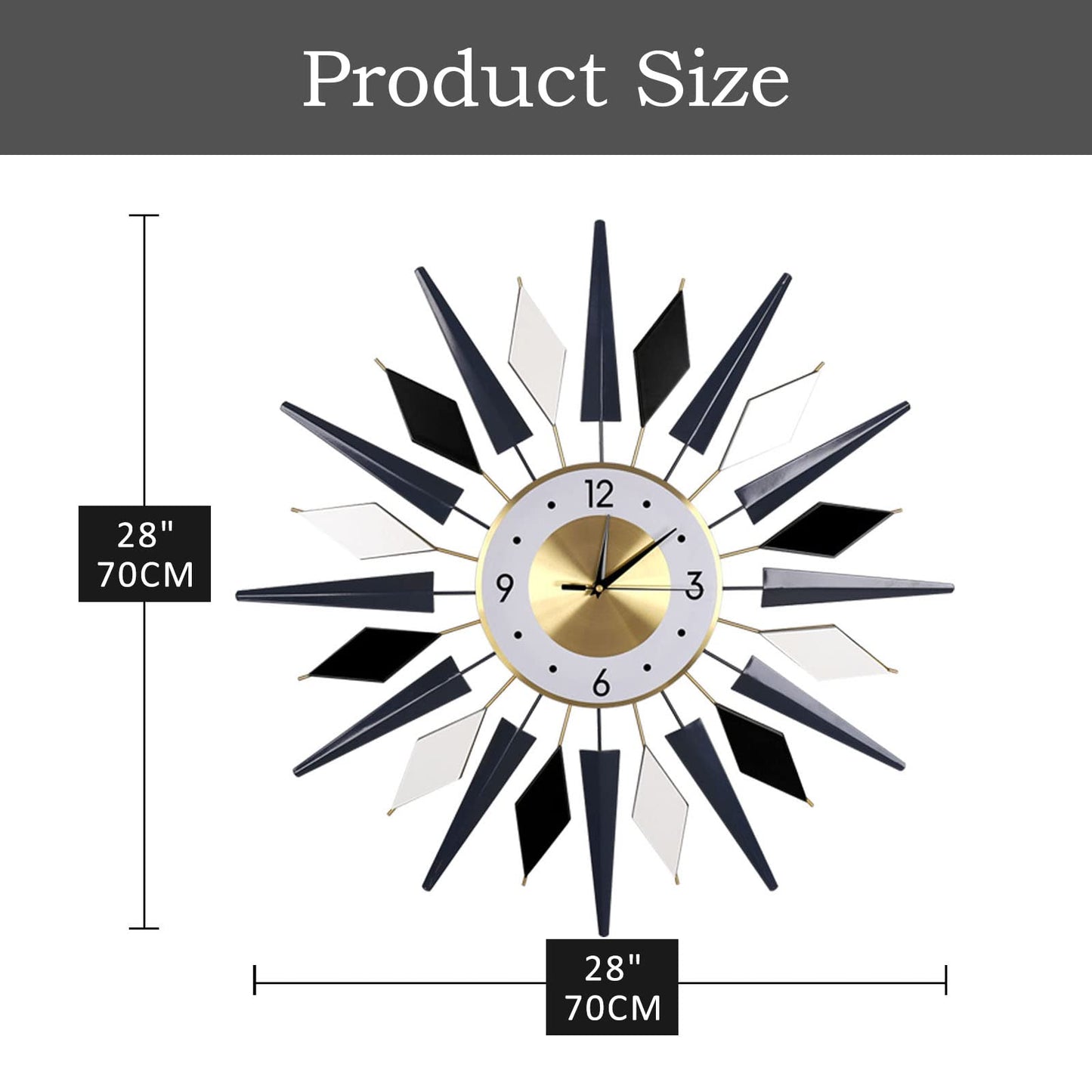 24 Inch Modern Metal Wall Clock Unique Design, Large Silent Battery Operated