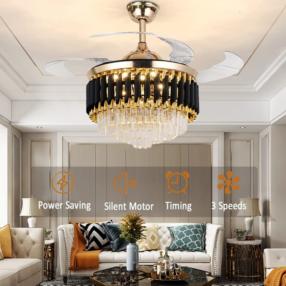 42" Crystal Chandelier Ceiling Fan and Remote, Gold Luxury Fan