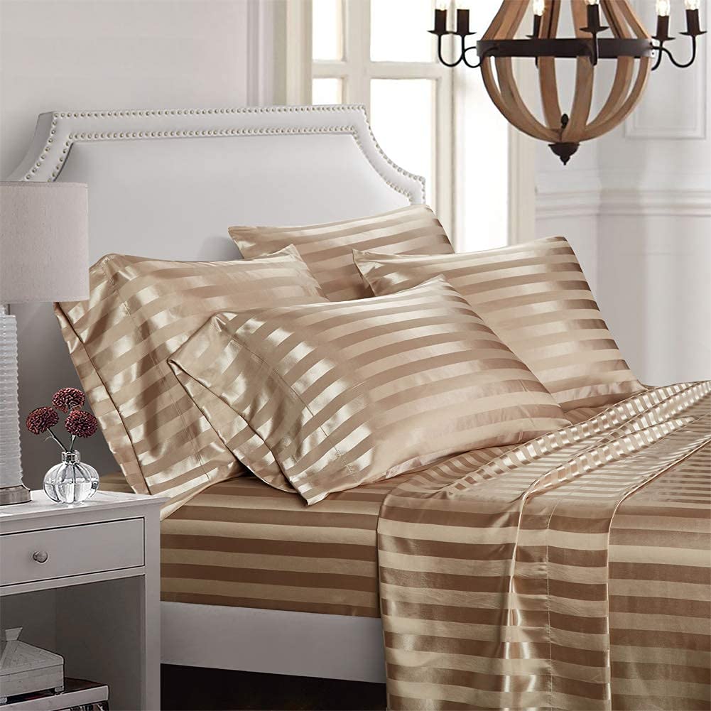 6 Piece Satin Italian Style Bed Sheet Set Deep Pocket Stripes 1800 Luxury Rich Silk