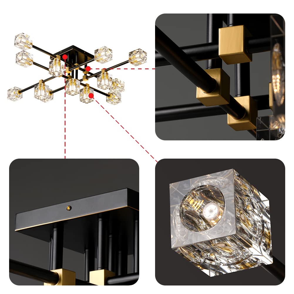 13-Lights Modern Crystal Living Room Light Fixture, Black and Gold