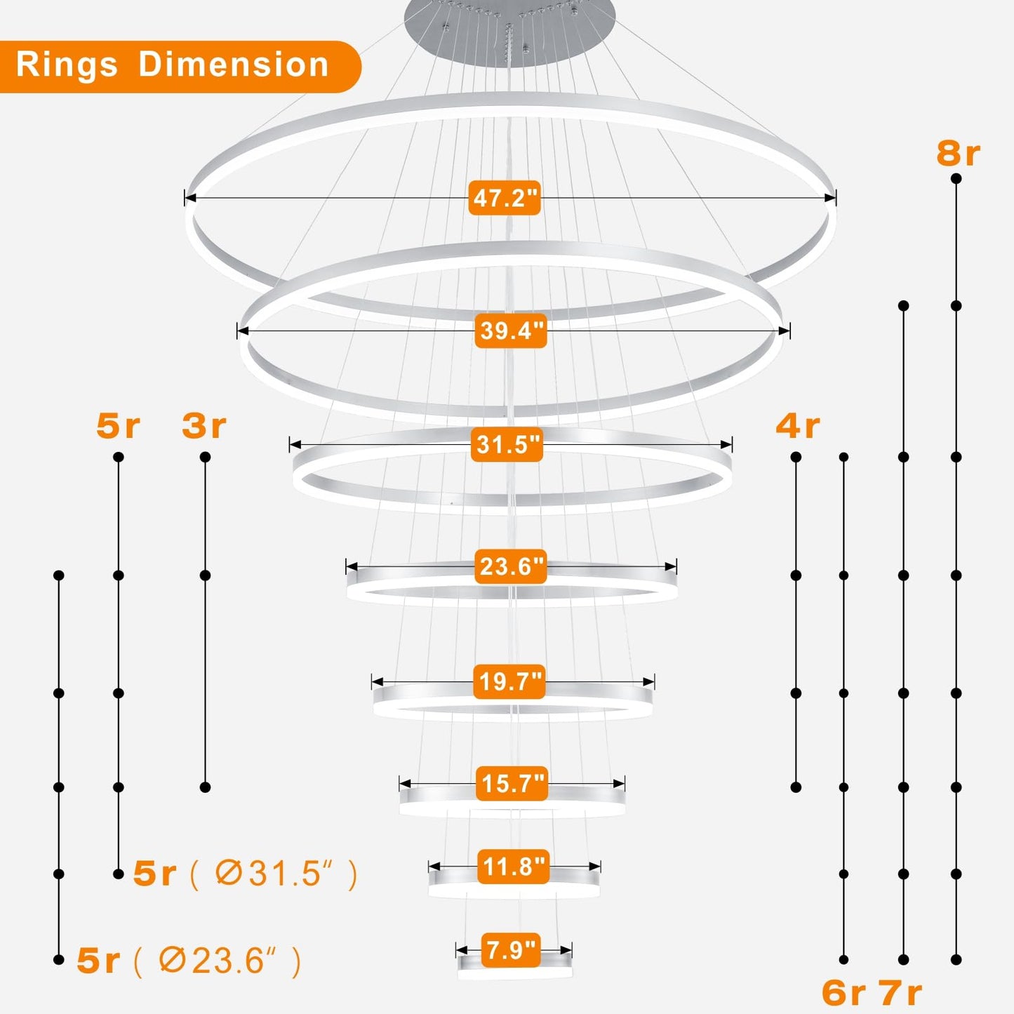 39.37" Larger Chandelier for High Ceilings, 7 Ring Dimmable with Remote