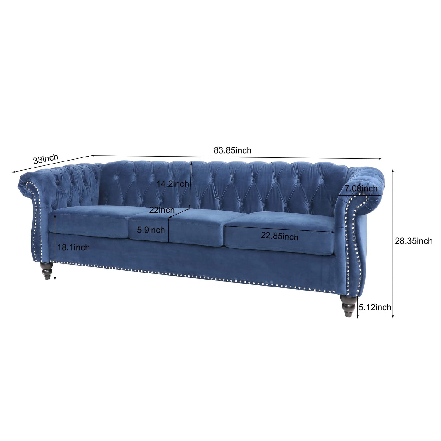 Velvet Chesterfield Sofa, 84 inch Modern Tufted 3 Seater Couch