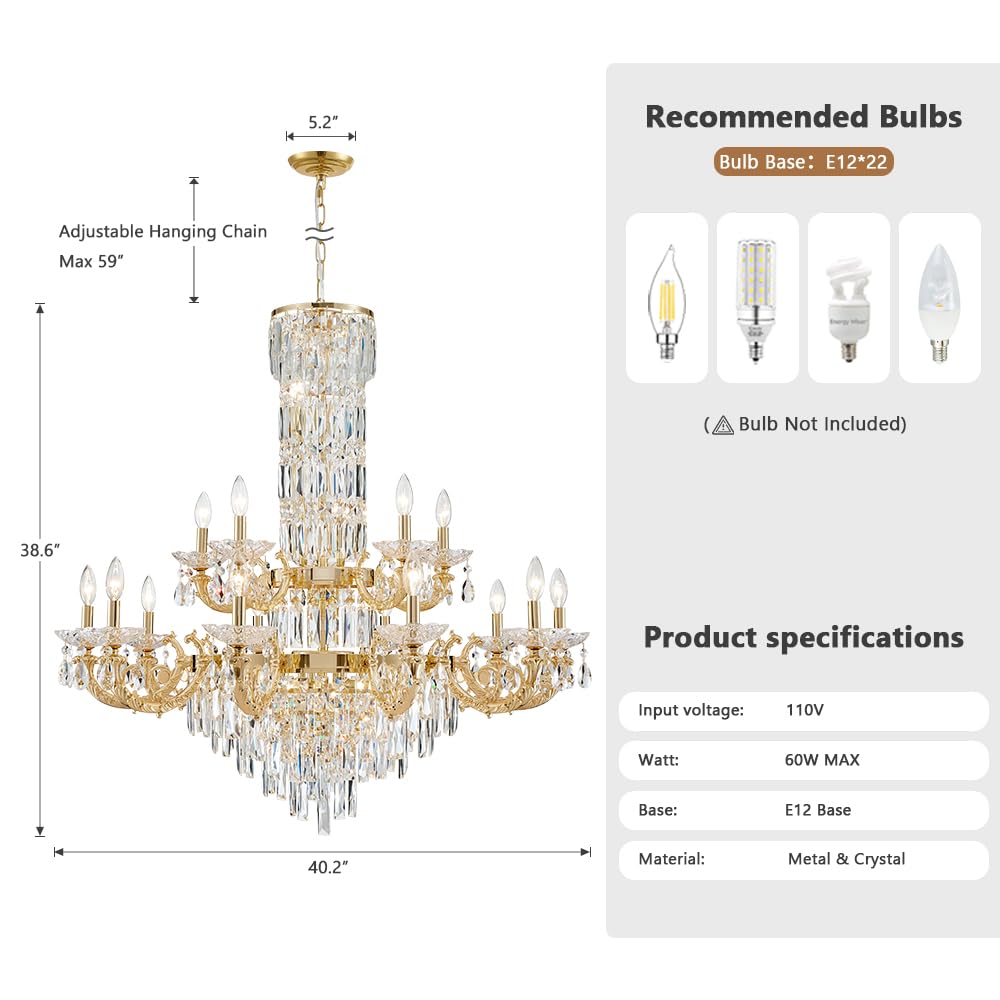 Gold Crystal Contemporary Chandelier, 2-Tier for High Ceiling