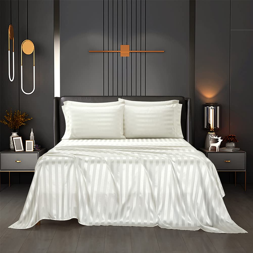 6 Piece Satin Italian Style Bed Sheet Set Deep Pocket Stripes 1800 Luxury Rich Silk