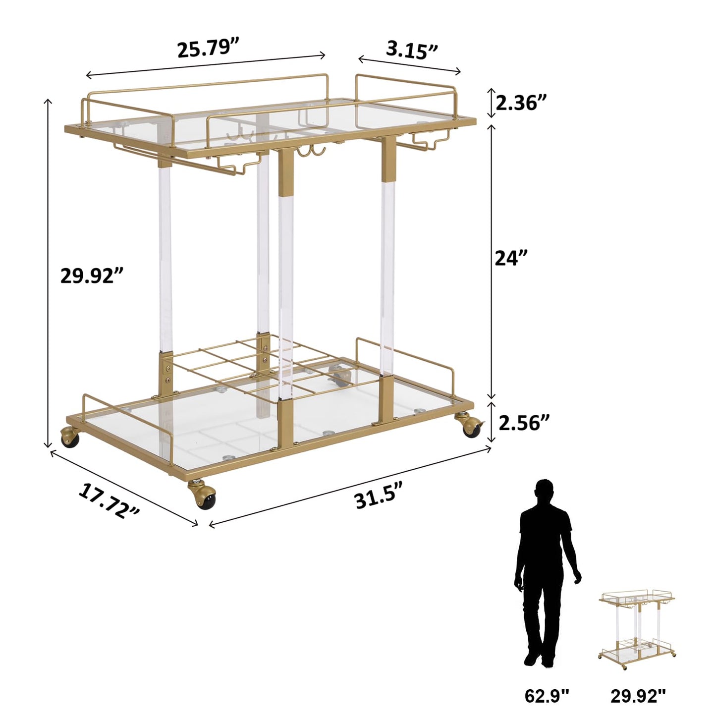 Silver Bar Cart Home Bar Serving Cart with Wine Rack 2-Tier Acrylic