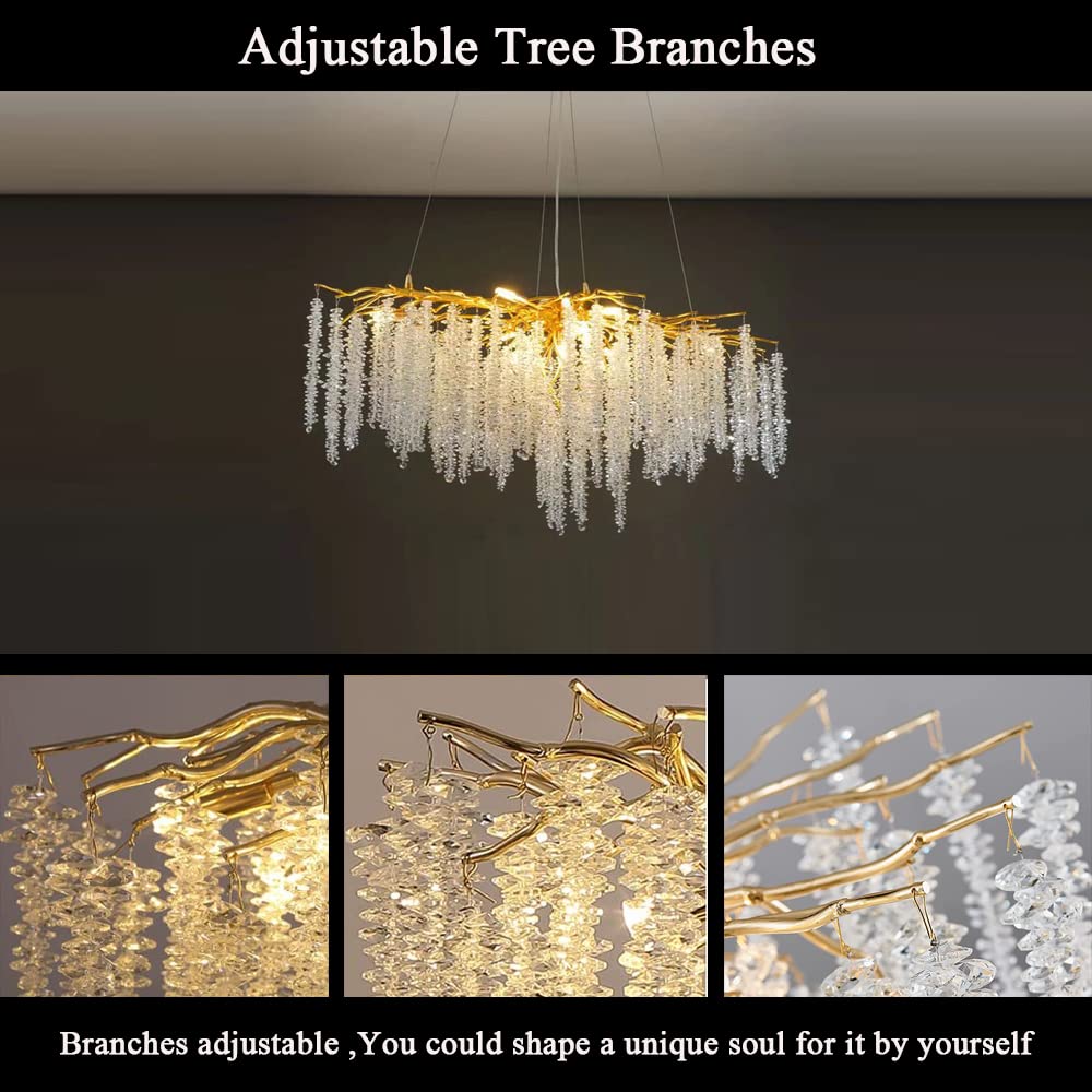 Modern Crystal Tree Branches Chandelier Gold Round Raindrop