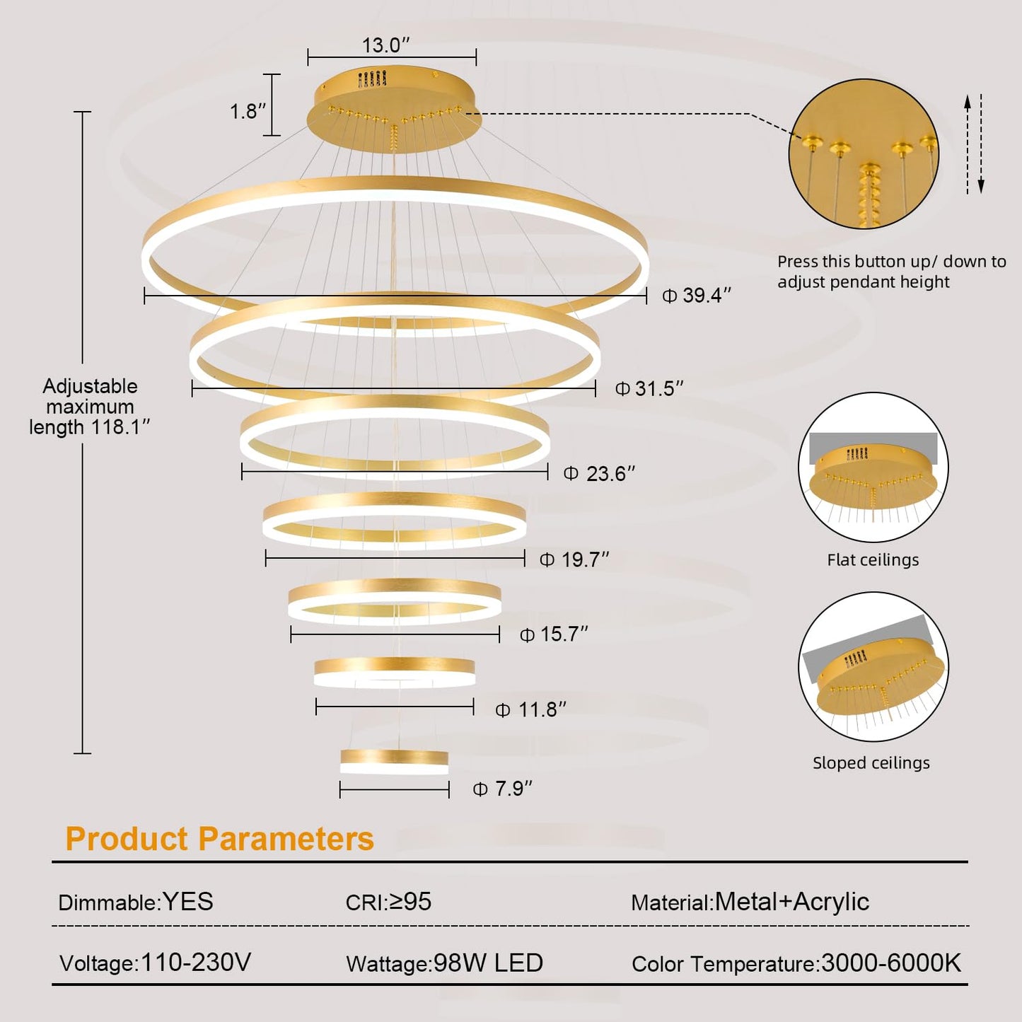 Gold Staircase Hanging 12 Ring Long Led Chandelier Dimmable with Remote Controller