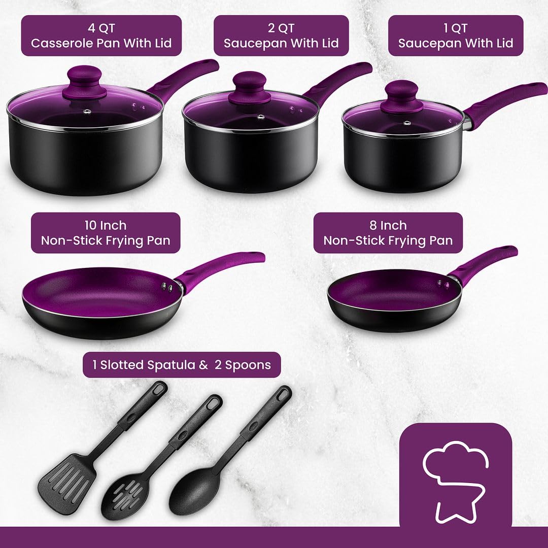 Pots And Pans Set Nonstick Aluminum Cooking Essentials 11 Pieces Purple