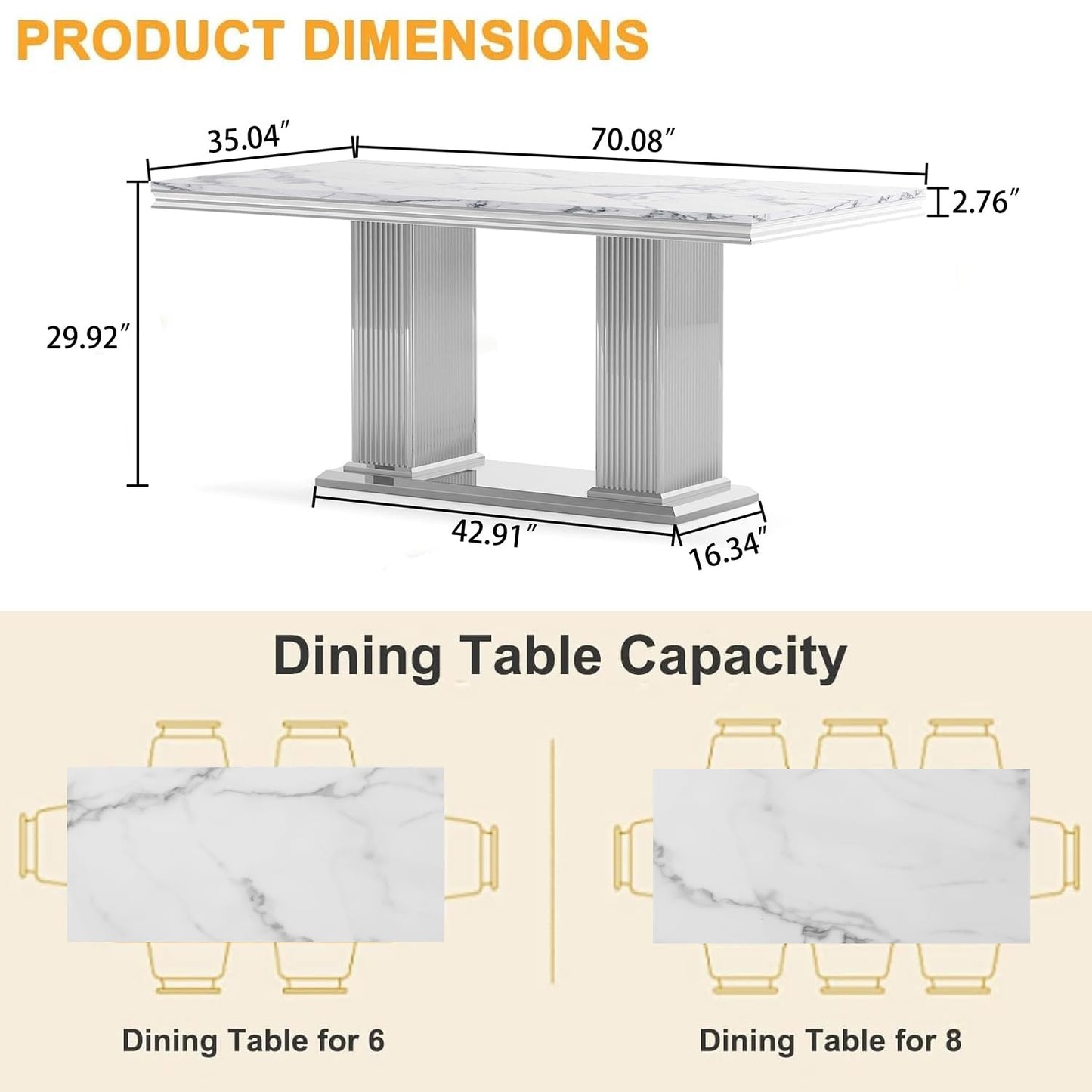 70 Inch White Marble Kitchen Table with Gold Mirrored Cabriole Legs