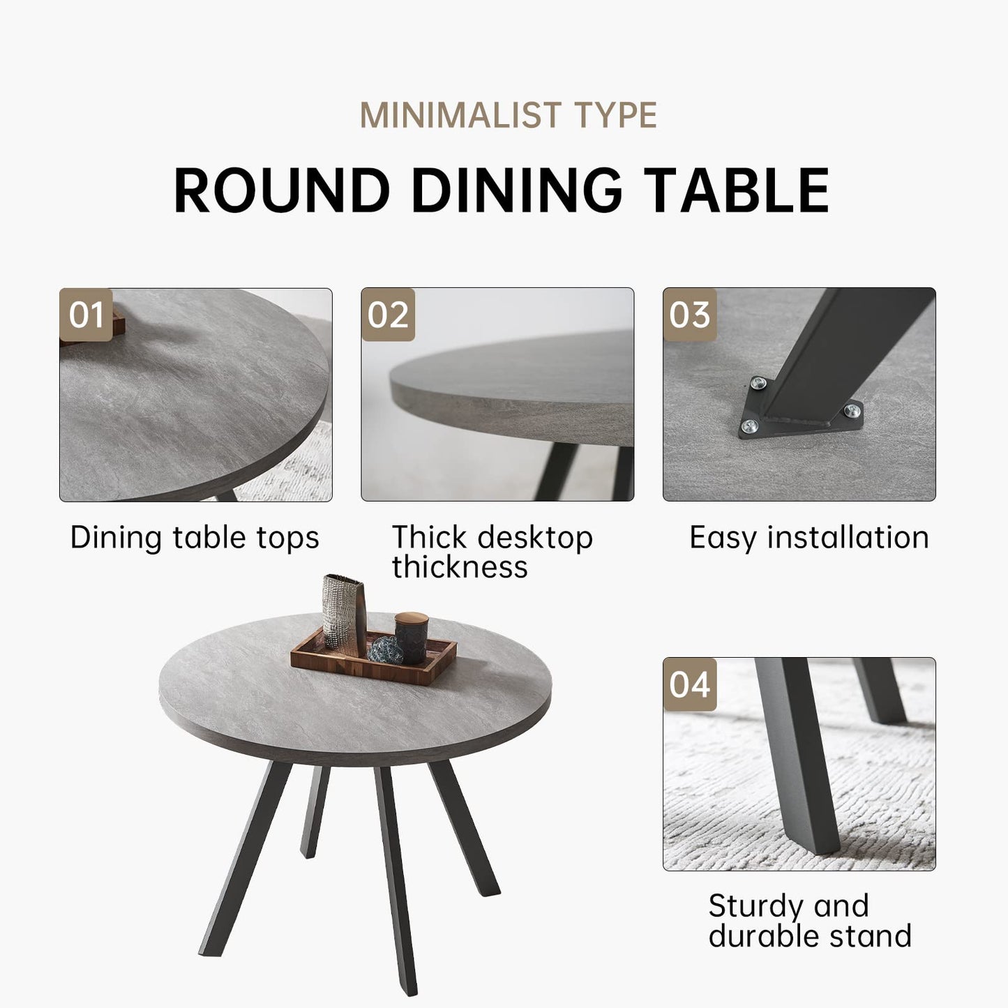 Round Dining Table Set for 4,  (Dining Table + 4 Black Chairs)