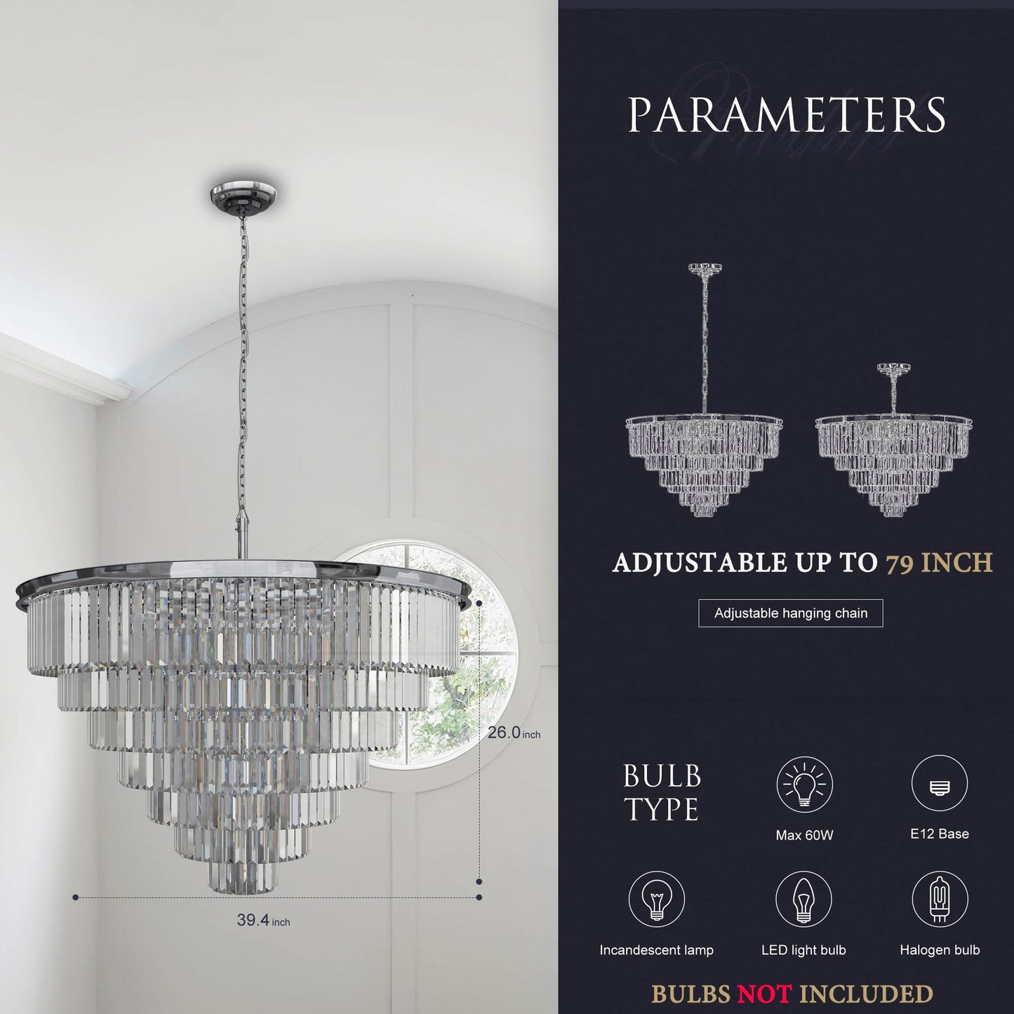 Luxury Smoke Crystal Chrome Chandelier, 8 Lights Pendant