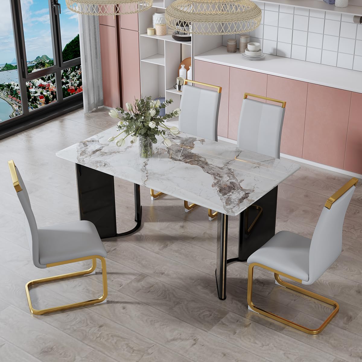 Dining Table Set for 6, White Faux Marble Pattern Table with 6 Modern Dining Chairs