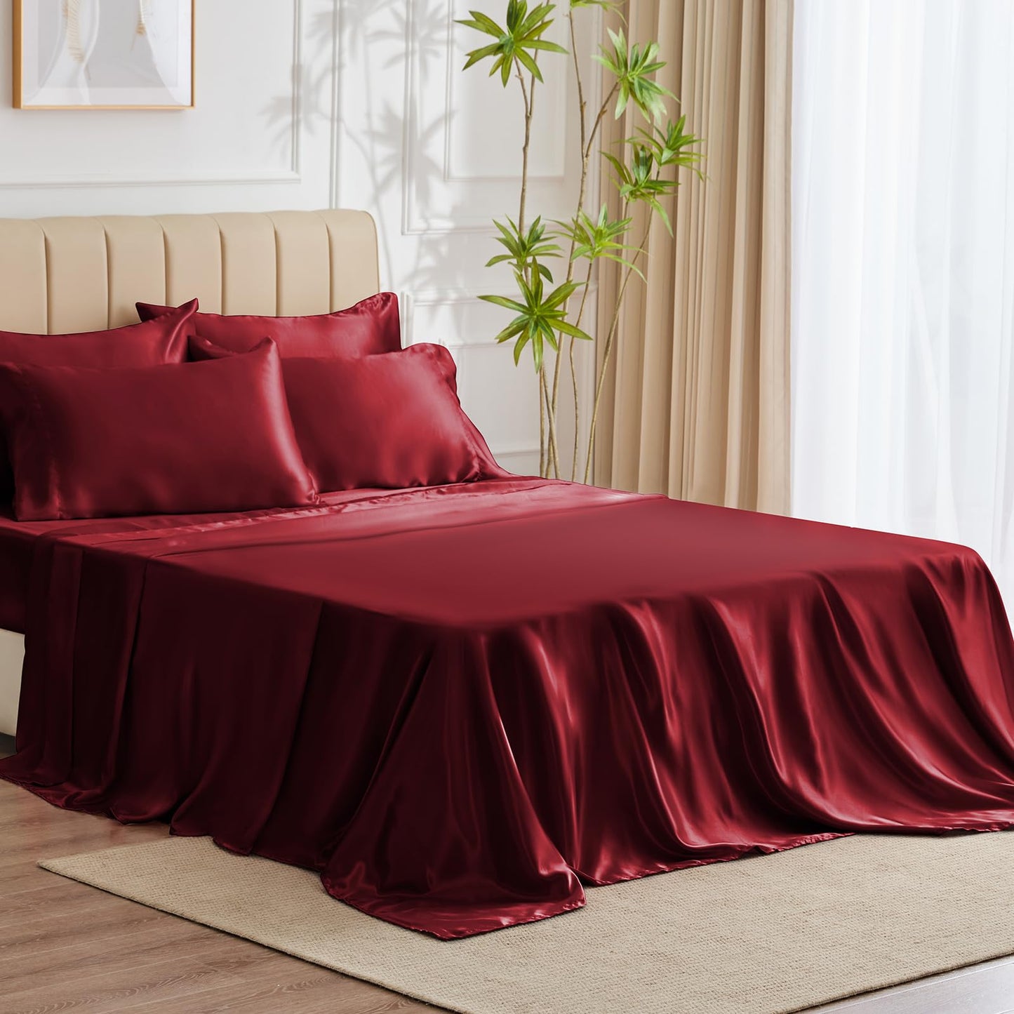 4 Piece Burgundy Bed Sheet Set with Silky Microfiber, 1 Deep Pocket Fitted Sheet