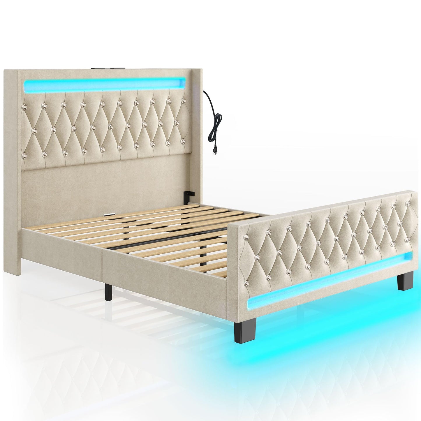 LED Light and Charging Station, Upholstered High Headboard and Footboard