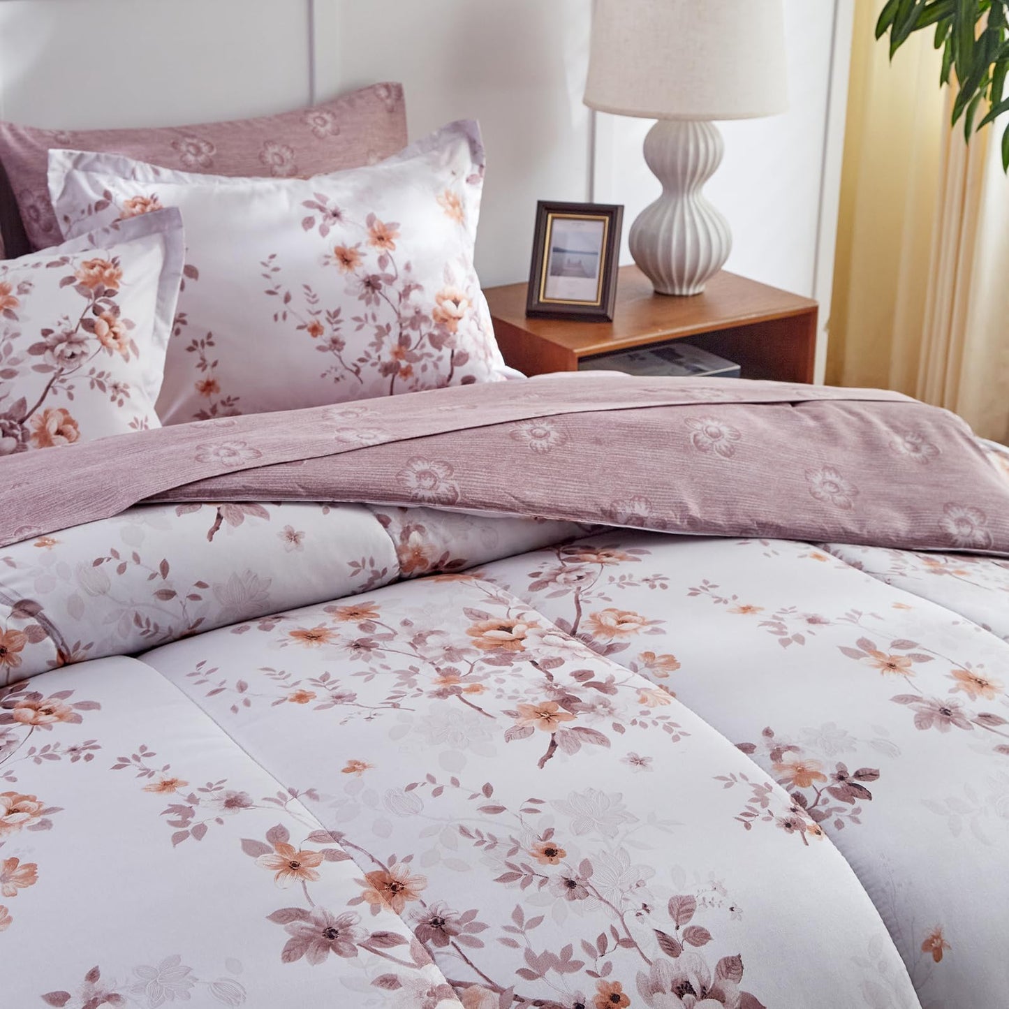 Purple Leaves Bed in a Bag 7 Pieces Floral White Comforter Sheet Set