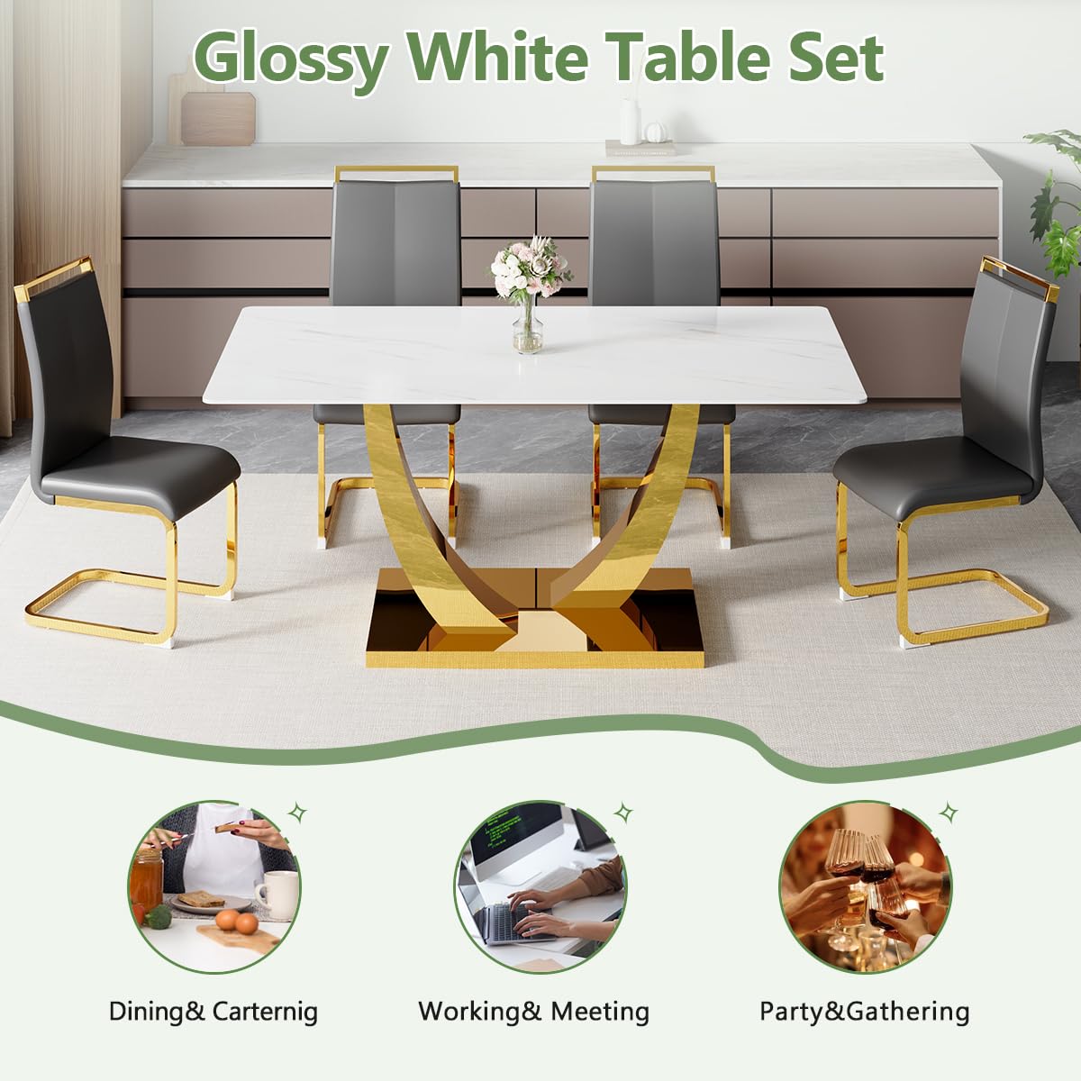 63” Dining Room Table Set for 6,Rectangle kitchen Table Set with Leather Chairs