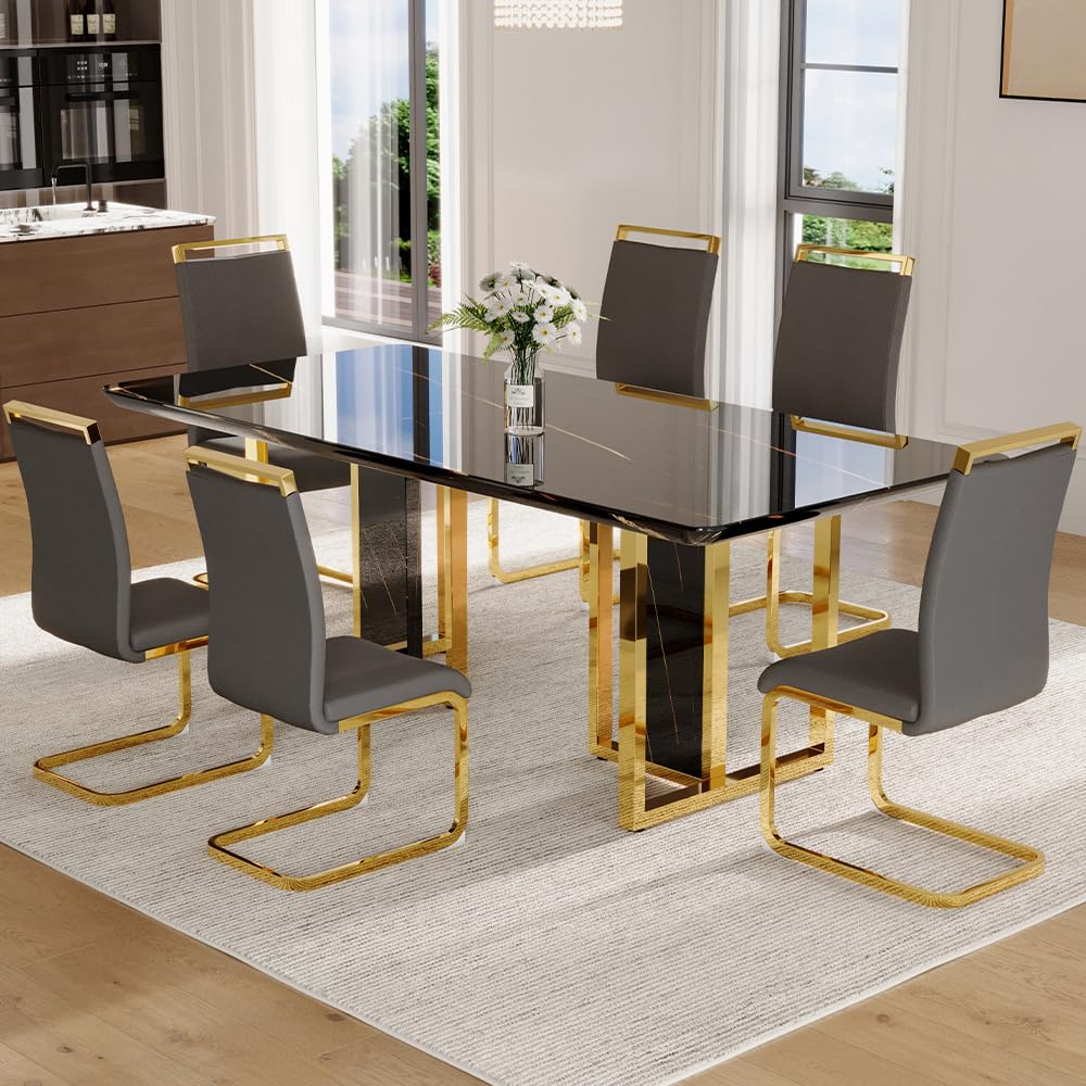 79" Black Modern Dining Table Set for 8,Black Golden Chairs