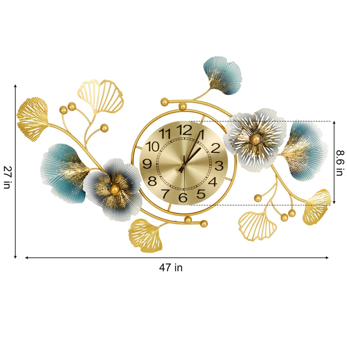 37 Inch Creative Metal Ginkgo Leaf Design Silent Non Ticking Gold Decoration Clocks