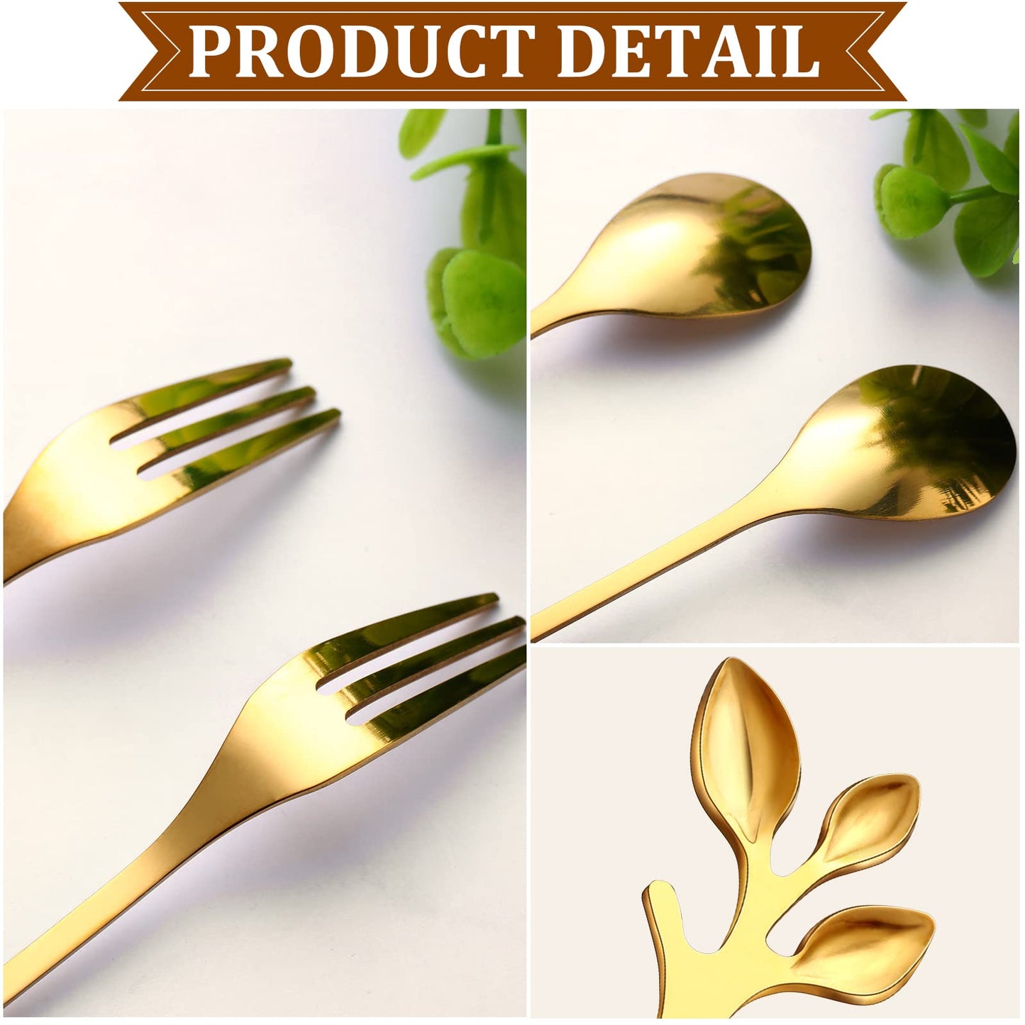 Stainless Steel Leaf Coffee Spoon and Appetizer Fork Tableware (Gold, 40 Pieces)