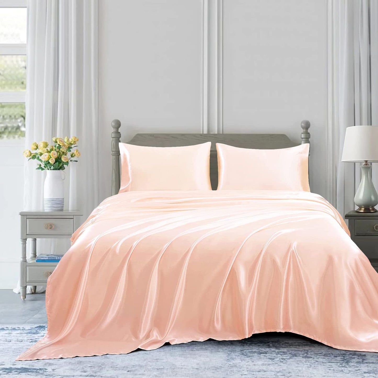 4pcs Satin Sheets Set Luxury Silky Satin Bedding Set with Deep Pocket