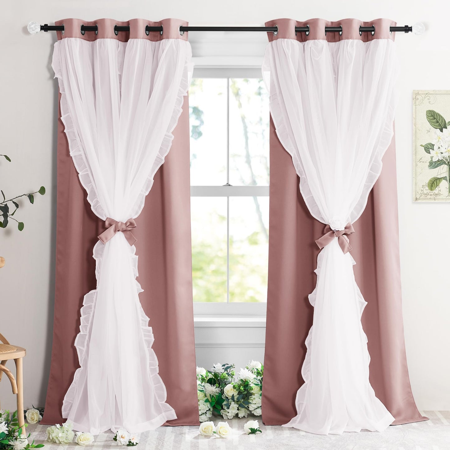 Blackout Window Treatment Double Layer Drapes Ruffle Sheer Overlay 2 Panels